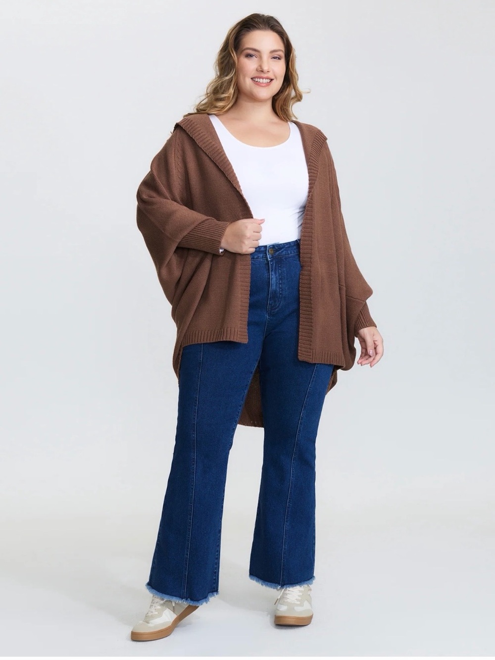 BloomChic Chocolate Hooded Knit Cardigan Sweater Batwing Poncho Plus Size 4XL/28